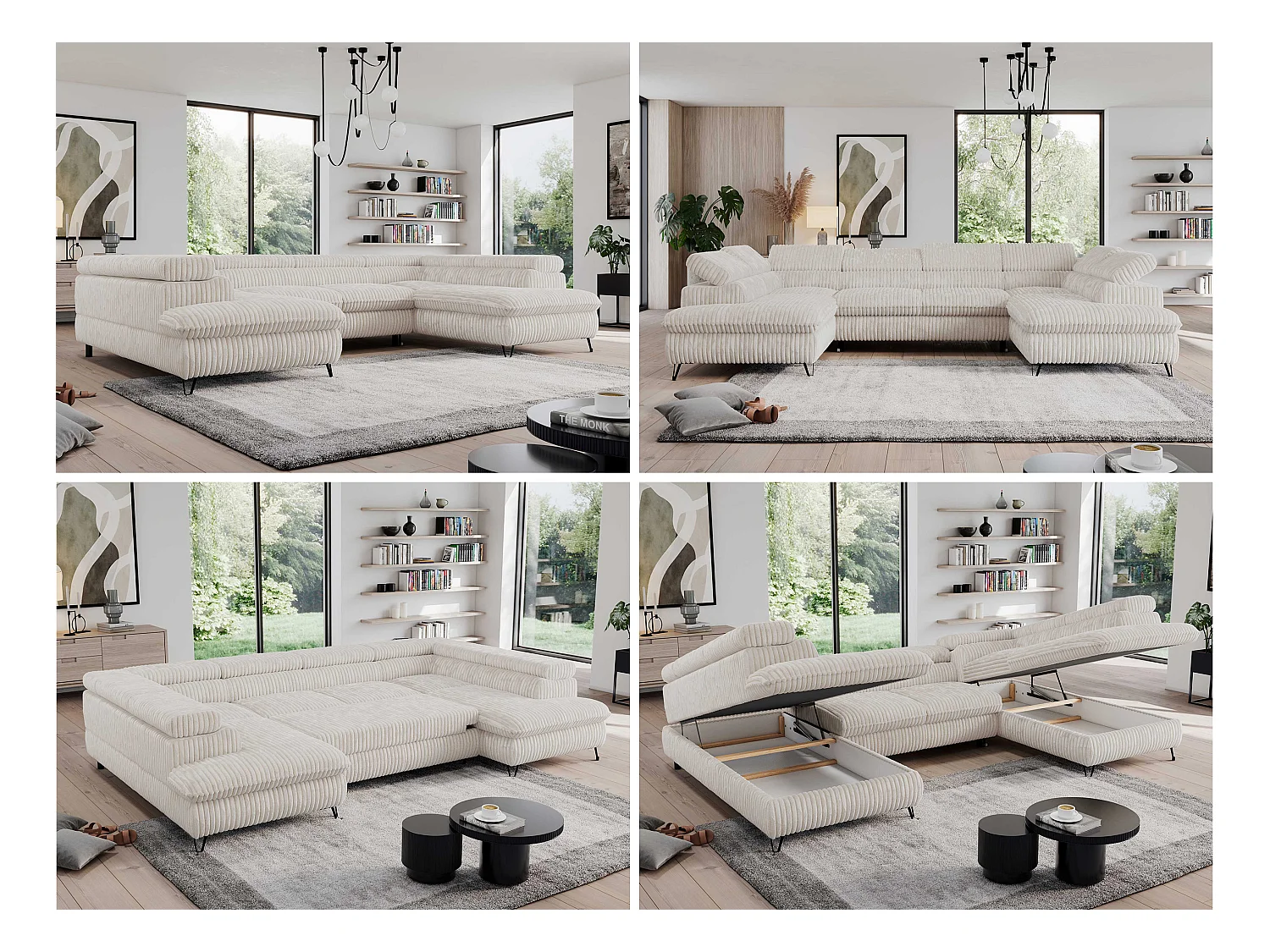 Ecksofa PEDRO U - XXL U-förmige Ecke, schlaffunktion und Bettkästen - Creme Cord