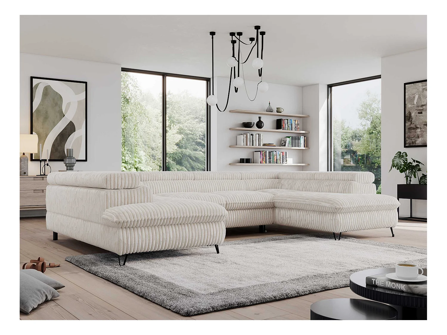 Ecksofa PEDRO U - XXL U-förmige Ecke, schlaffunktion und Bettkästen - Creme Cord