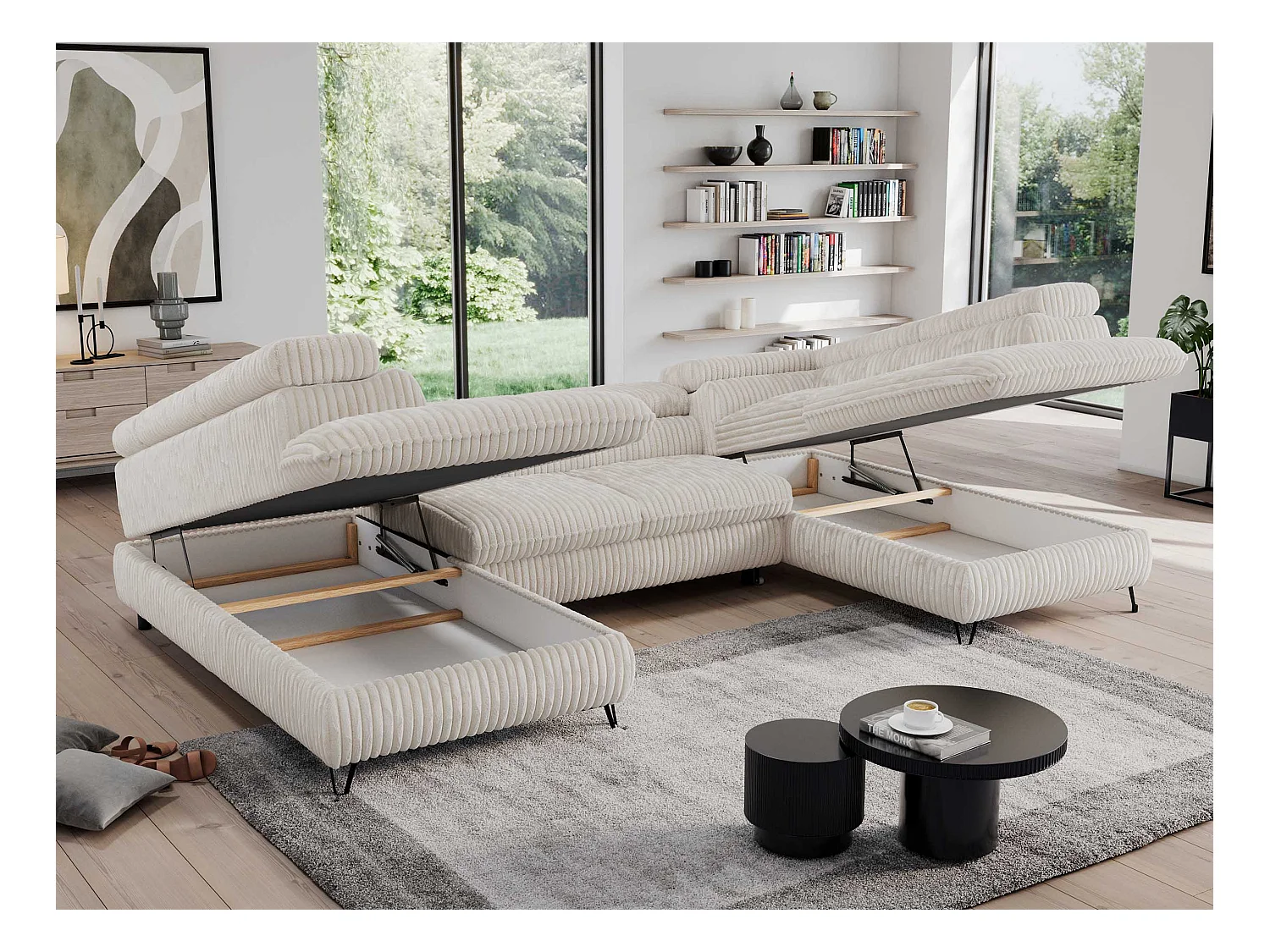 Ecksofa PEDRO U - XXL U-förmige Ecke, schlaffunktion und Bettkästen - Creme Cord