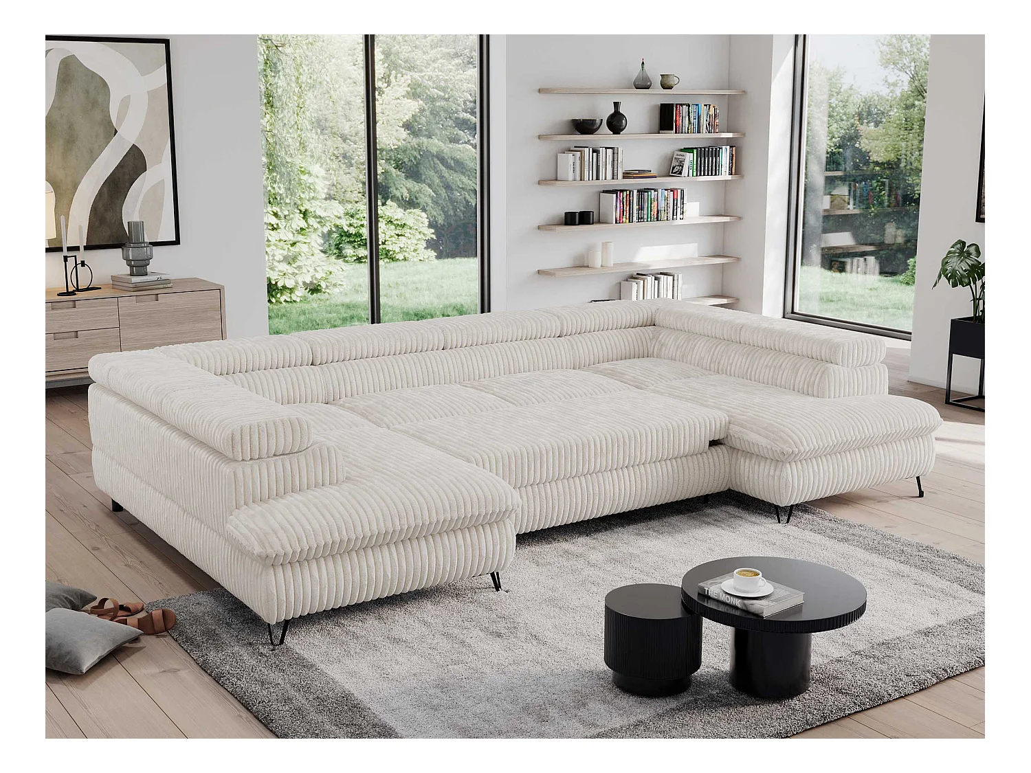 Ecksofa PEDRO U - XXL U-förmige Ecke, schlaffunktion und Bettkästen - Creme Cord
