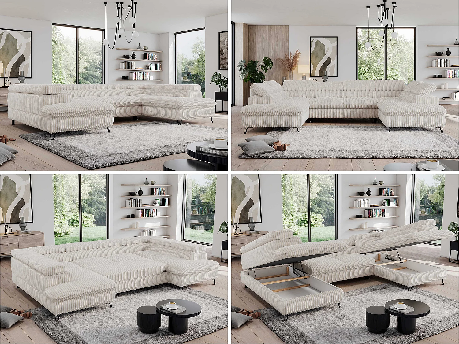 Ecksofa PEDRO U - XXL U-förmige Ecke, schlaffunktion und Bettkästen - Creme Cord