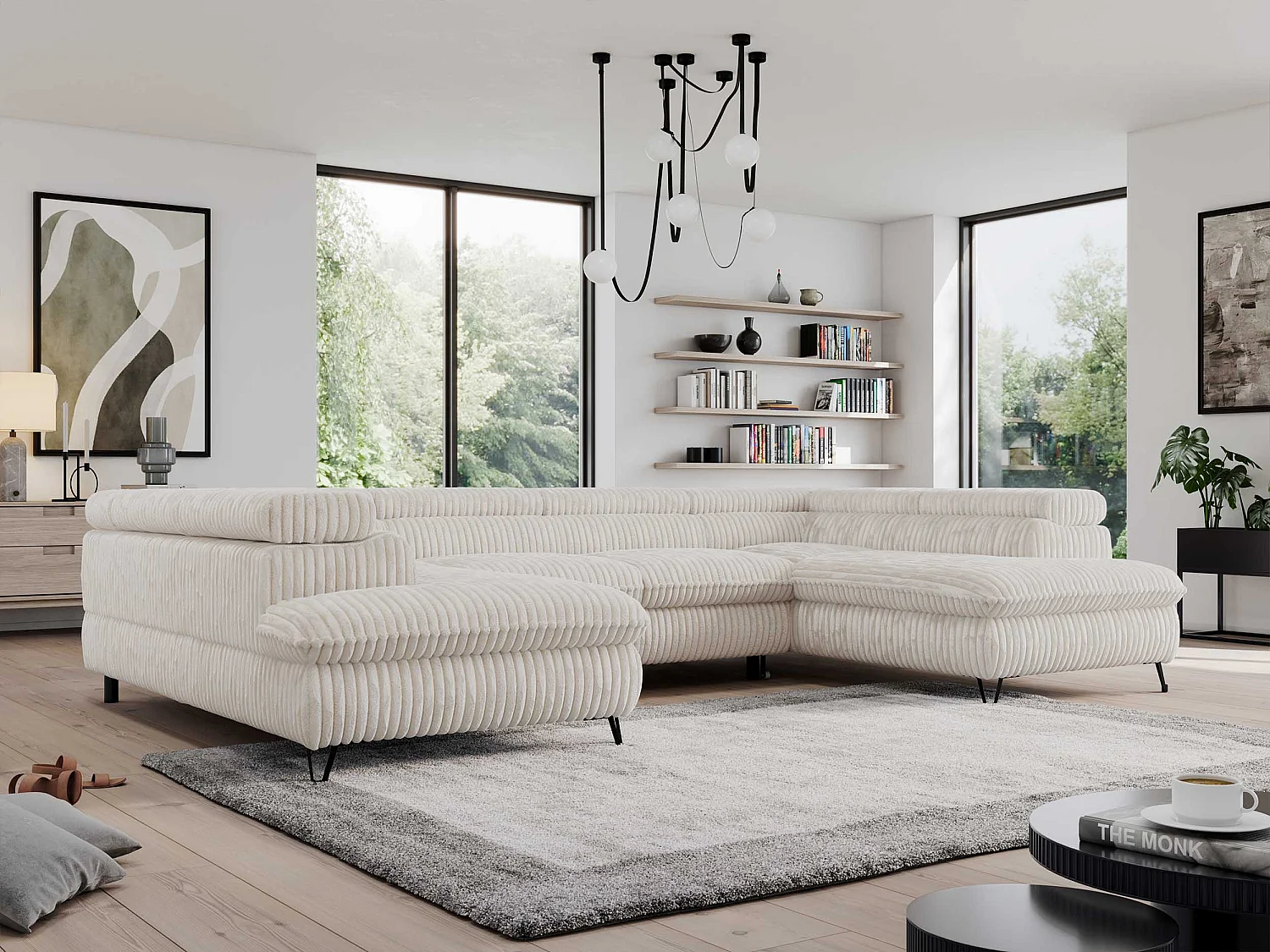 Ecksofa PEDRO U - XXL U-förmige Ecke, schlaffunktion und Bettkästen - Creme Cord