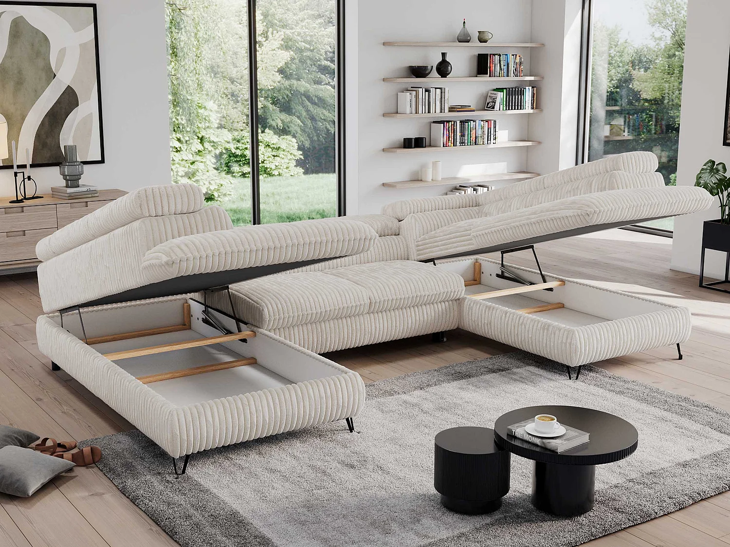 Ecksofa PEDRO U - XXL U-förmige Ecke, schlaffunktion und Bettkästen - Creme Cord