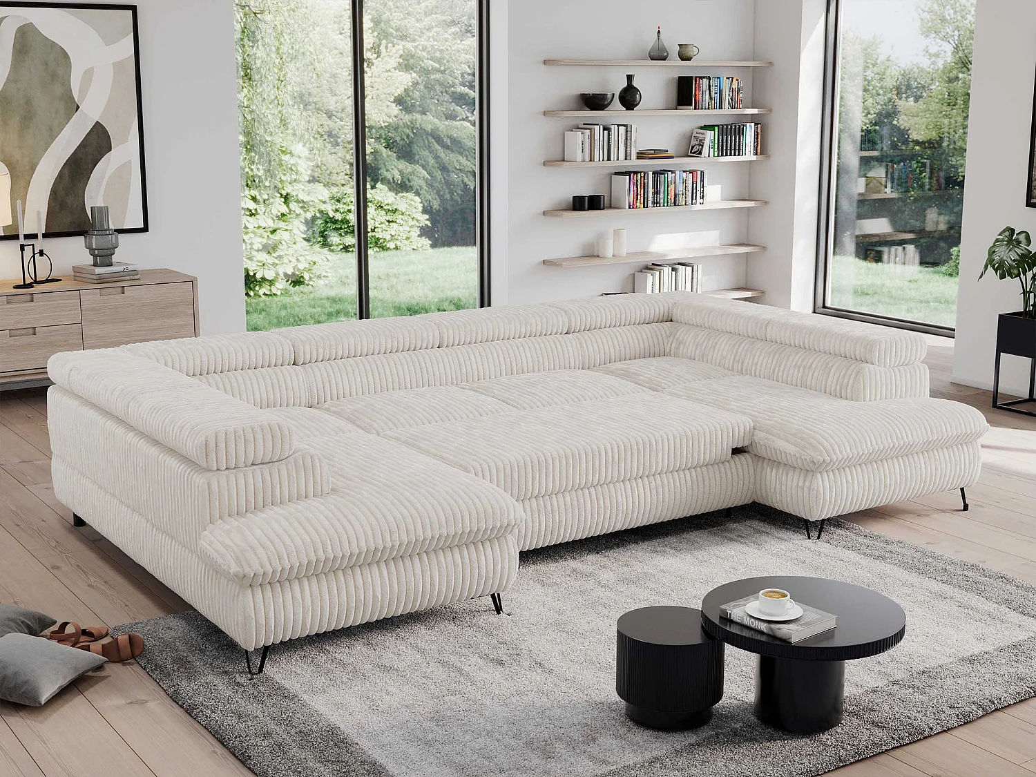 Ecksofa PEDRO U - XXL U-förmige Ecke, schlaffunktion und Bettkästen - Creme Cord