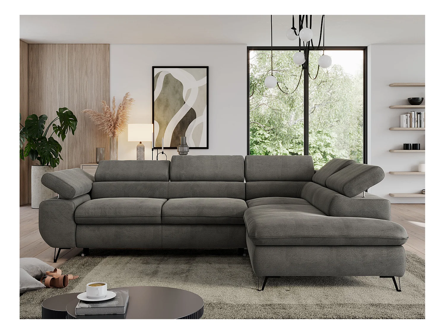 Ecksofa PEDRO - L-Form mit Schlaffunktion 200x125 cm, verstellbaren Kopfstützen - Dunkelgrau Velvet - Ecke Rechts