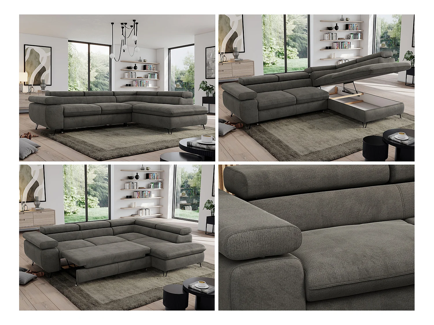 Ecksofa PEDRO - L-Form mit Schlaffunktion 200x125 cm, verstellbaren Kopfstützen - Dunkelgrau Velvet - Ecke Rechts