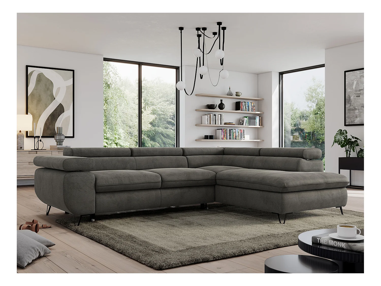 Ecksofa PEDRO - L-Form mit Schlaffunktion 200x125 cm, verstellbaren Kopfstützen - Dunkelgrau Velvet - Ecke Rechts