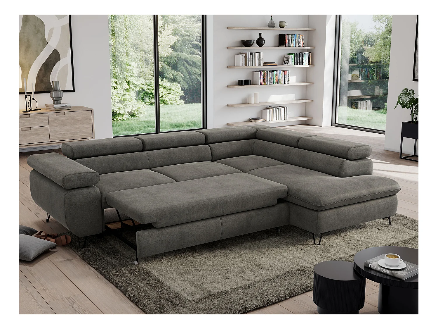 Ecksofa PEDRO - L-Form mit Schlaffunktion 200x125 cm, verstellbaren Kopfstützen - Dunkelgrau Velvet - Ecke Rechts