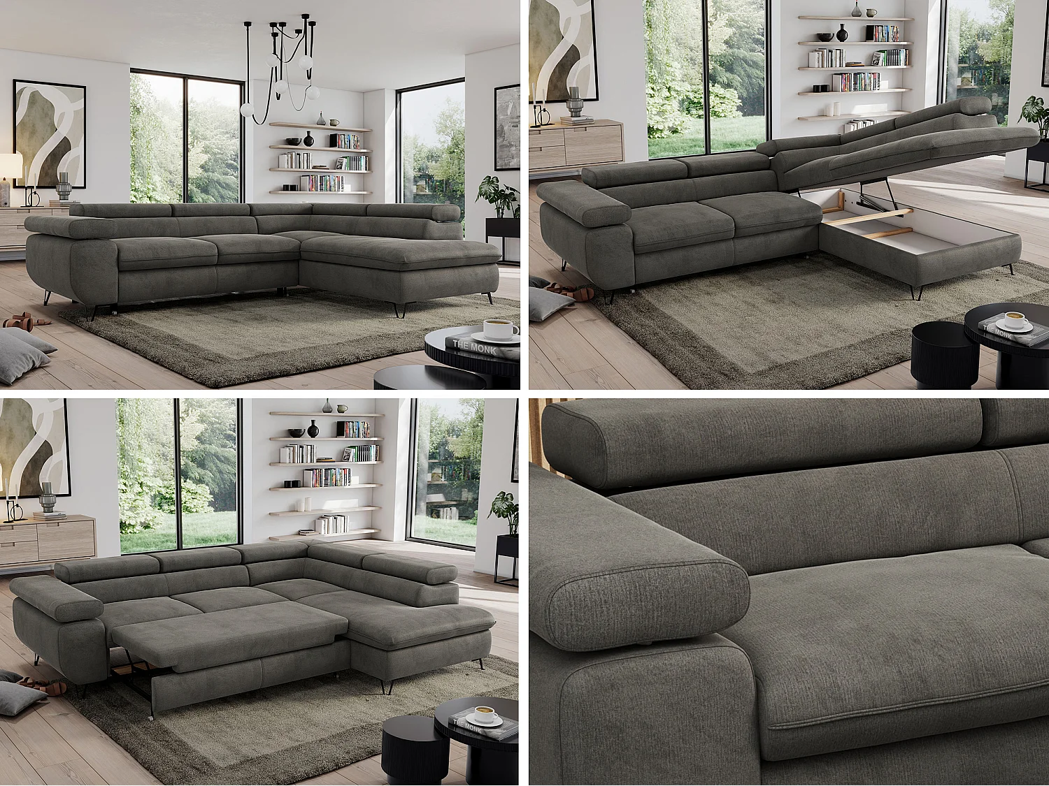 Ecksofa PEDRO - L-Form mit Schlaffunktion 200x125 cm, verstellbaren Kopfstützen - Dunkelgrau Velvet - Ecke Rechts
