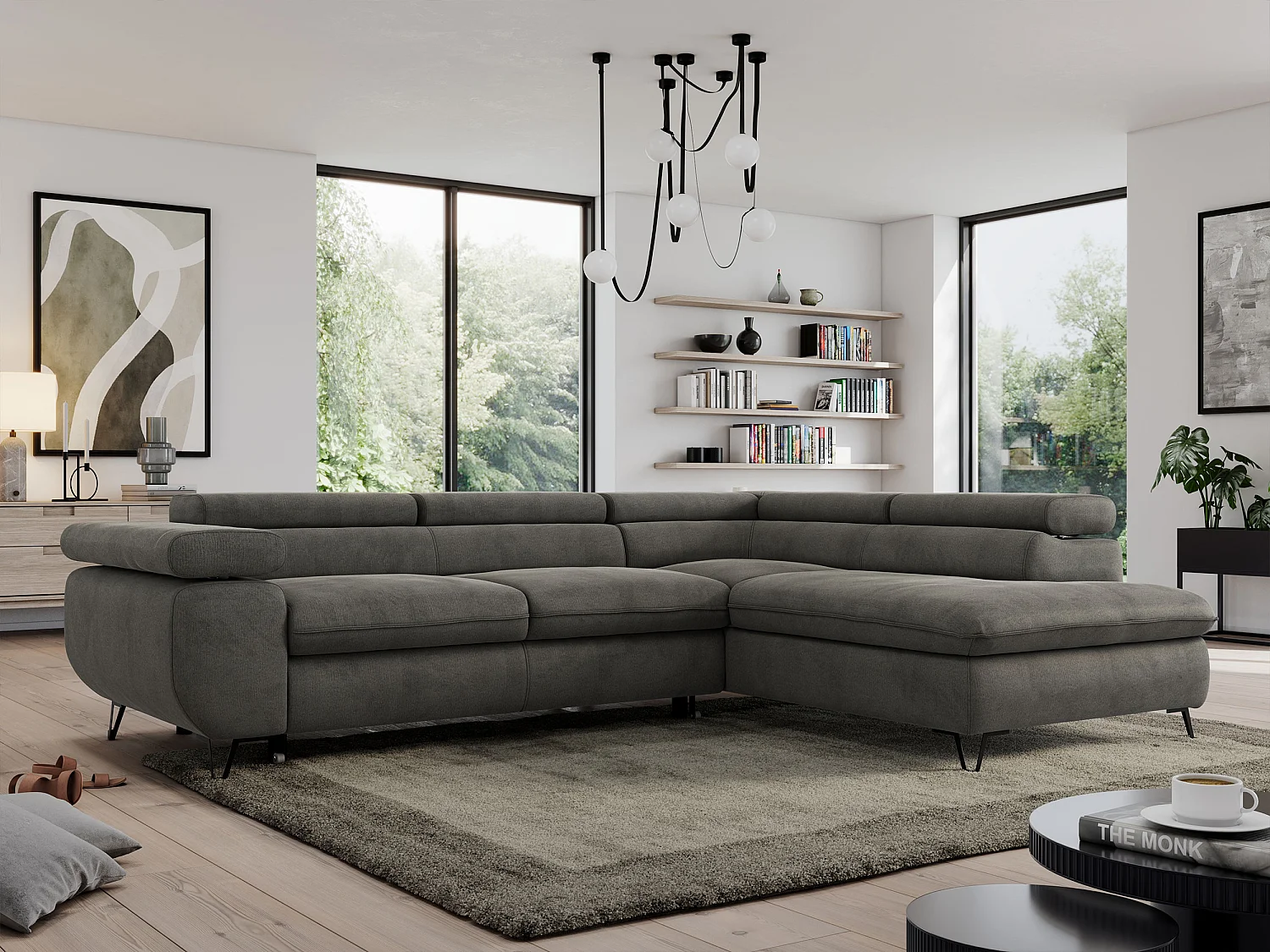 Ecksofa PEDRO - L-Form mit Schlaffunktion 200x125 cm, verstellbaren Kopfstützen - Dunkelgrau Velvet - Ecke Rechts