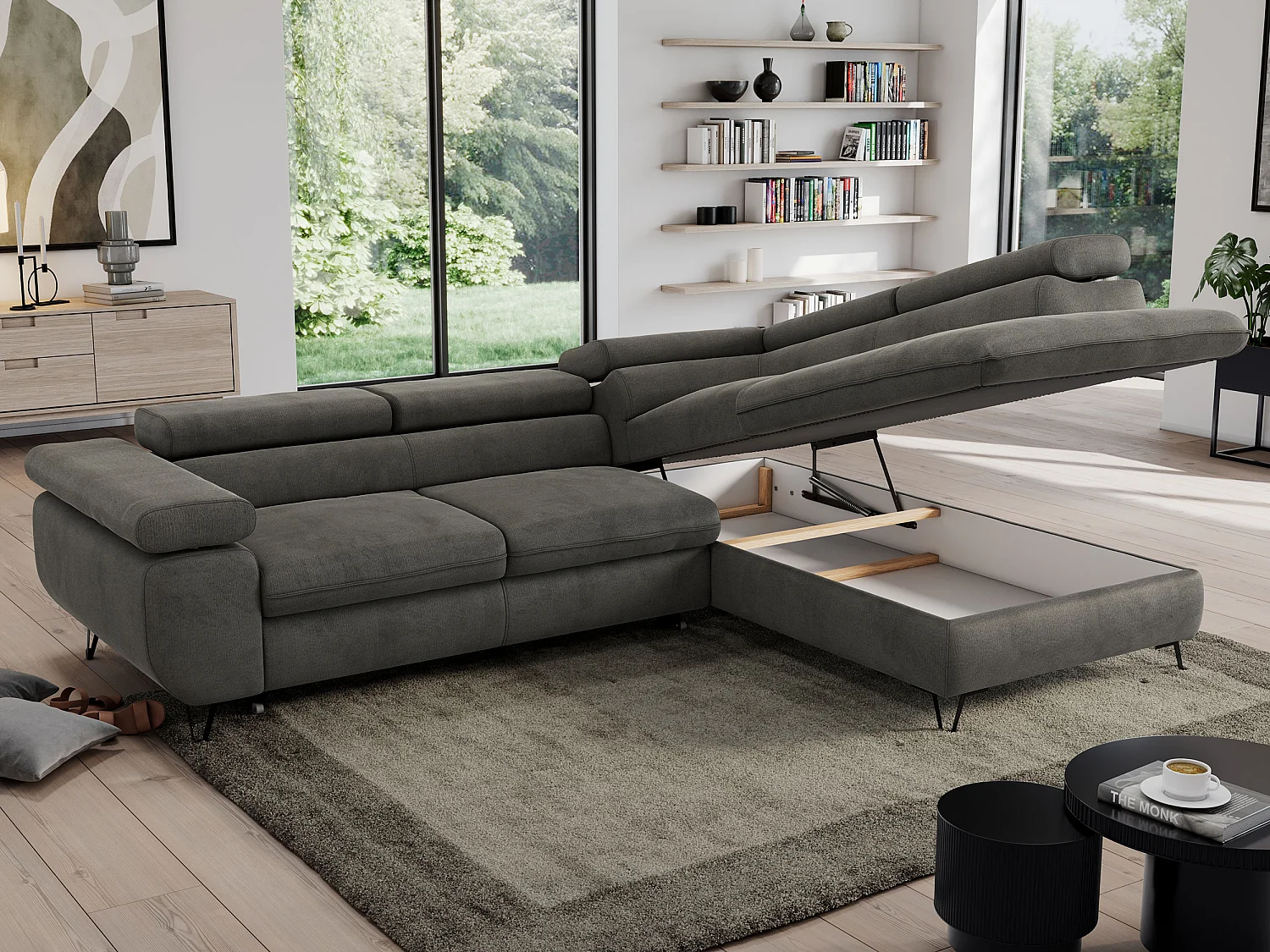 Ecksofa PEDRO - L-Form mit Schlaffunktion 200x125 cm, verstellbaren Kopfstützen - Dunkelgrau Velvet - Ecke Rechts
