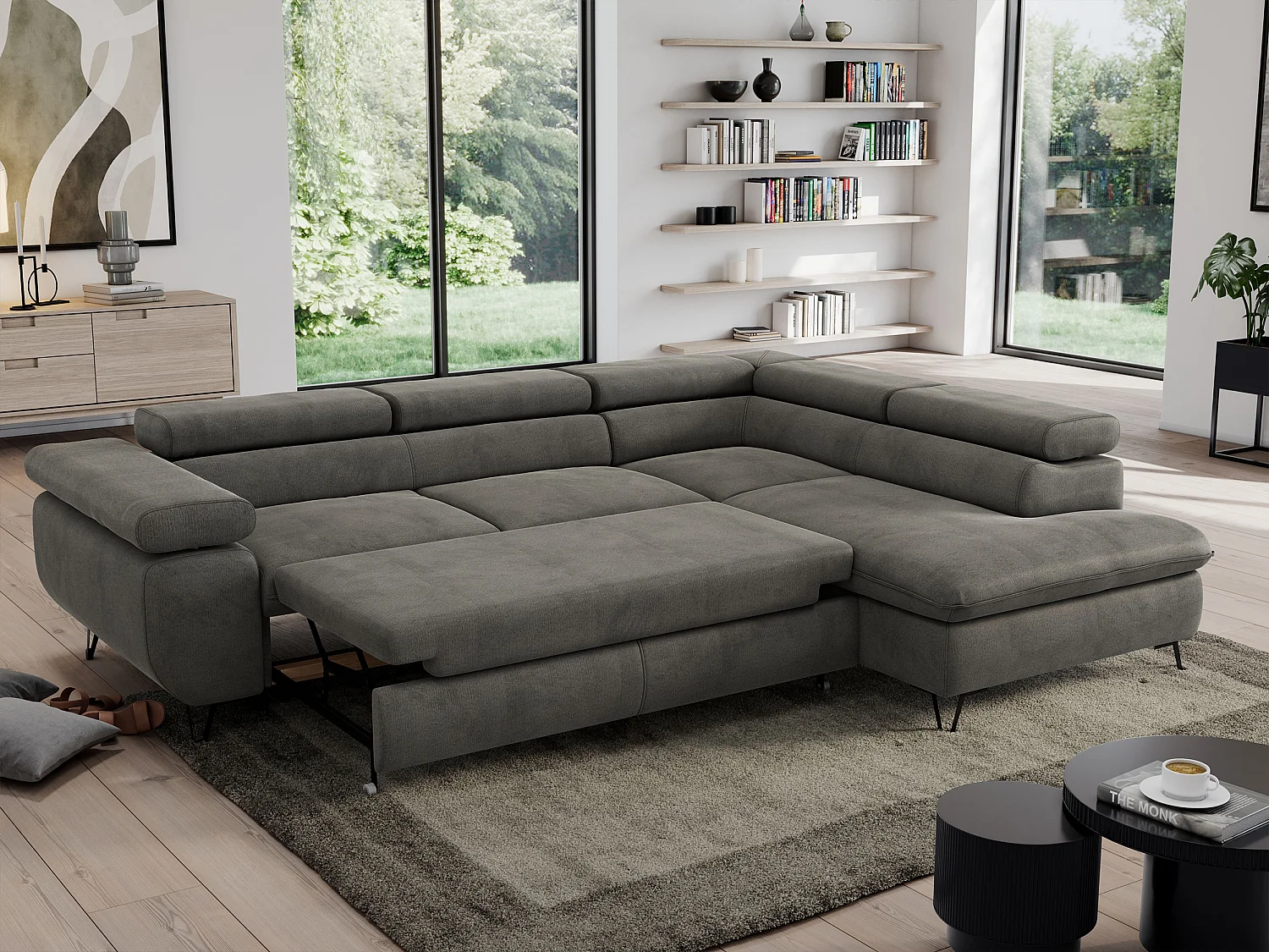Ecksofa PEDRO - L-Form mit Schlaffunktion 200x125 cm, verstellbaren Kopfstützen - Dunkelgrau Velvet - Ecke Rechts