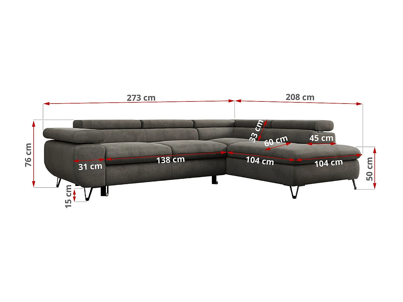 Ecksofa PEDRO - L-Form mit Schlaffunktion 200x125 cm, verstellbaren Kopfstützen - Dunkelgrau Velvet - Ecke Rechts