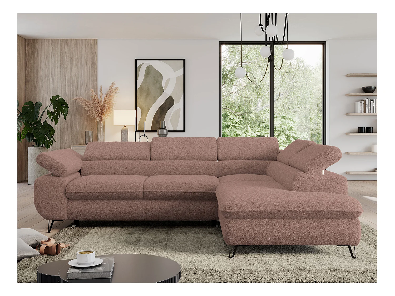 Ecksofa PEDRO - L-Form mit Schlaffunktion 200x125 cm, verstellbaren Kopfstützen - Rosa Boucle - Ecke Rechts