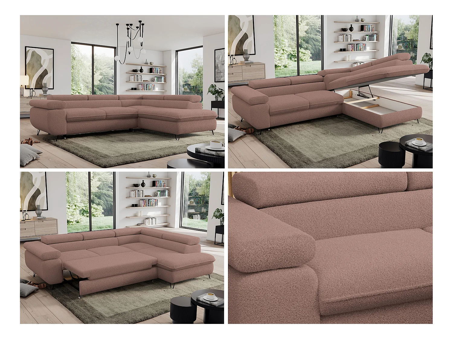 Ecksofa PEDRO - L-Form mit Schlaffunktion 200x125 cm, verstellbaren Kopfstützen - Rosa Boucle - Ecke Rechts
