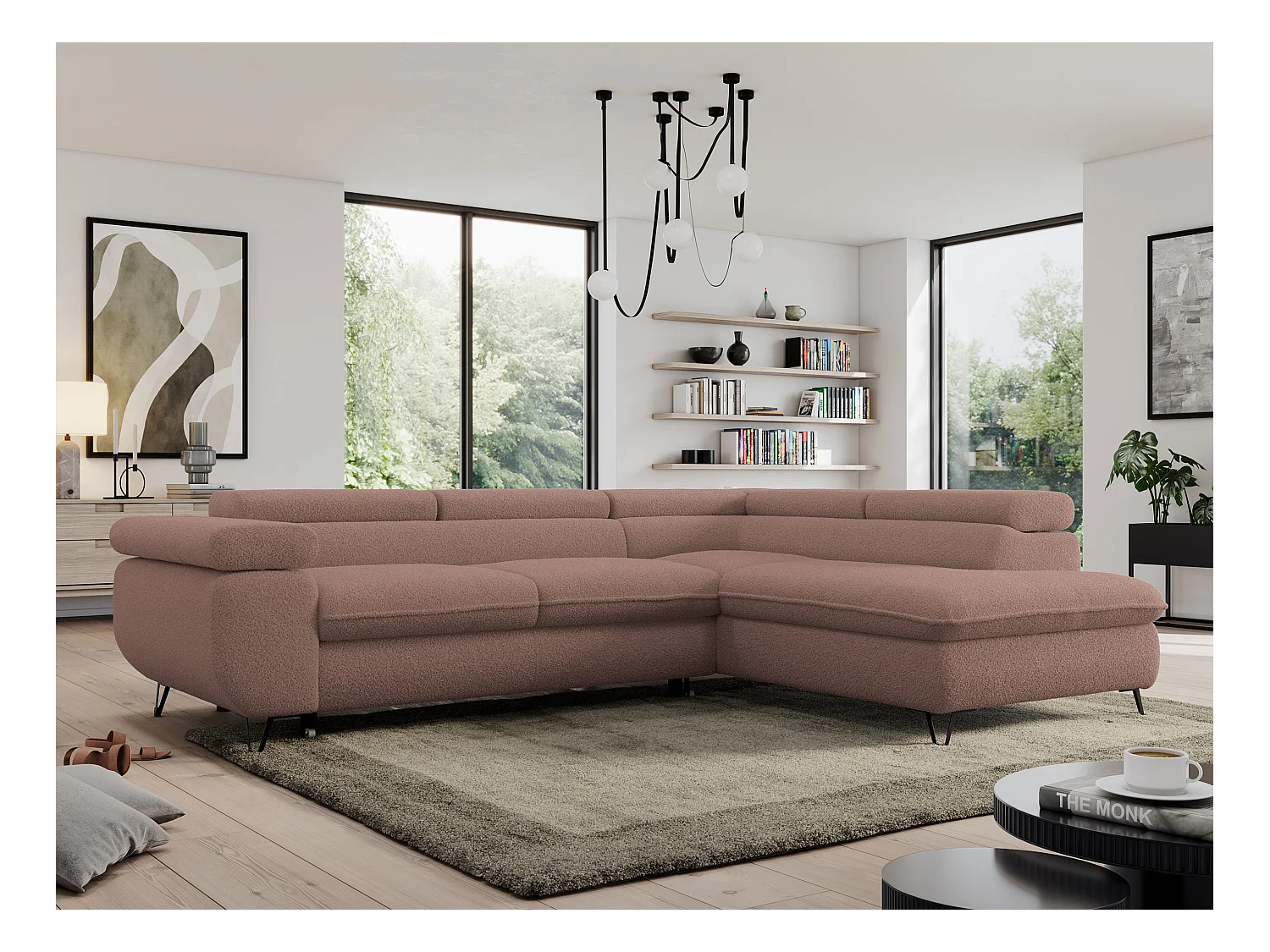 Ecksofa PEDRO - L-Form mit Schlaffunktion 200x125 cm, verstellbaren Kopfstützen - Rosa Boucle - Ecke Rechts