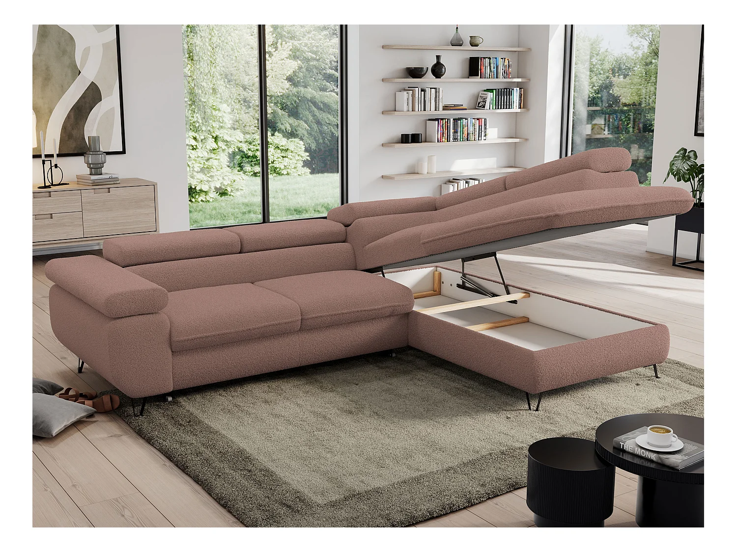 Ecksofa PEDRO - L-Form mit Schlaffunktion 200x125 cm, verstellbaren Kopfstützen - Rosa Boucle - Ecke Rechts