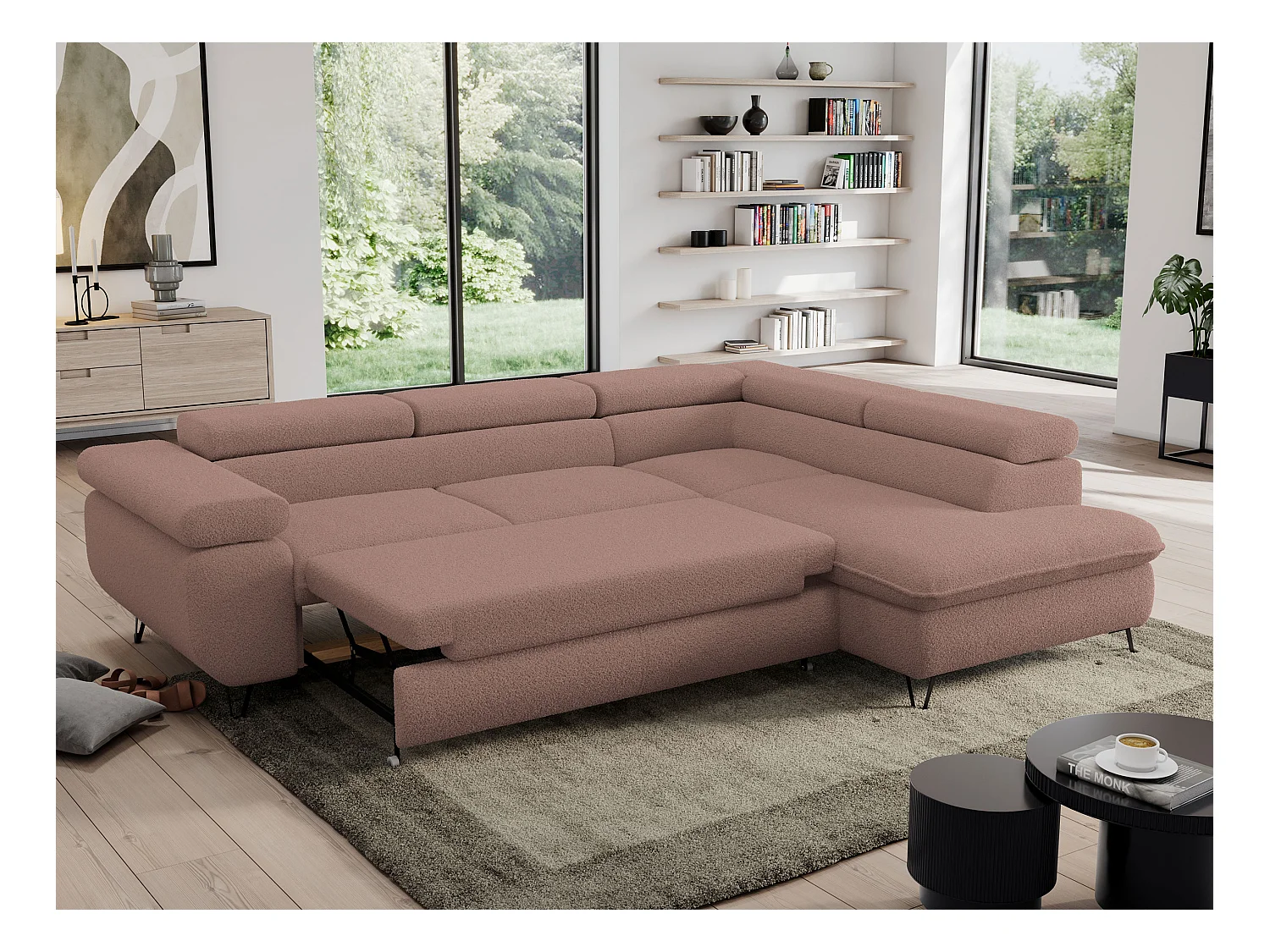 Ecksofa PEDRO - L-Form mit Schlaffunktion 200x125 cm, verstellbaren Kopfstützen - Rosa Boucle - Ecke Rechts
