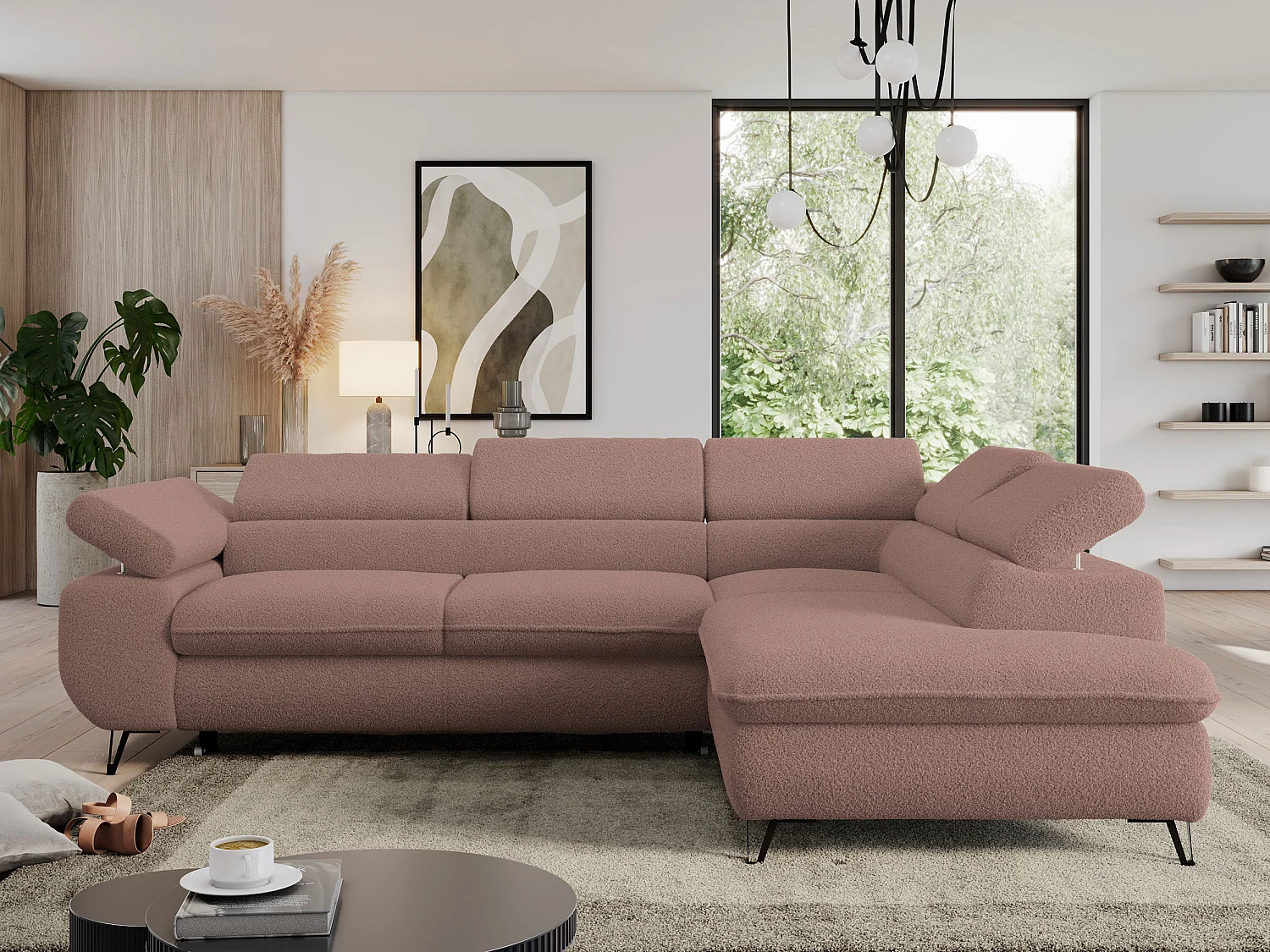Ecksofa PEDRO - L-Form mit Schlaffunktion 200x125 cm, verstellbaren Kopfstützen - Rosa Boucle - Ecke Rechts