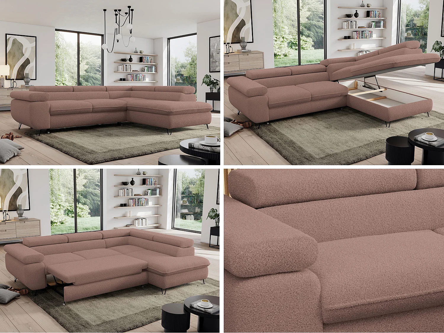 Ecksofa PEDRO - L-Form mit Schlaffunktion 200x125 cm, verstellbaren Kopfstützen - Rosa Boucle - Ecke Rechts