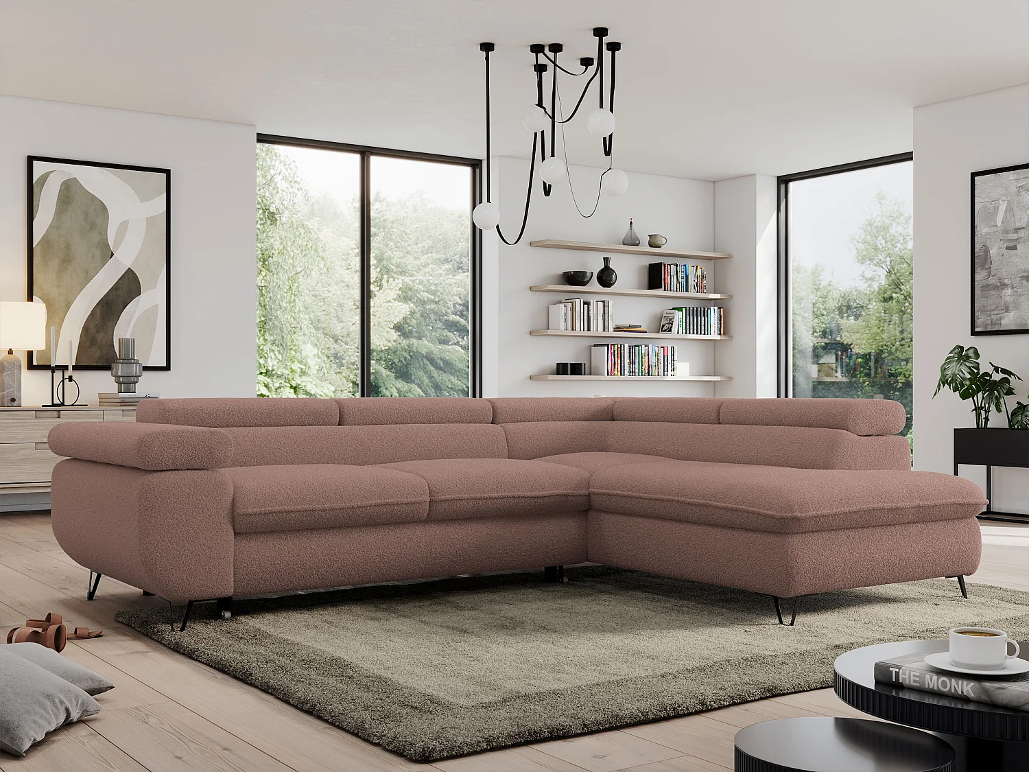 Ecksofa PEDRO - L-Form mit Schlaffunktion 200x125 cm, verstellbaren Kopfstützen - Rosa Boucle - Ecke Rechts