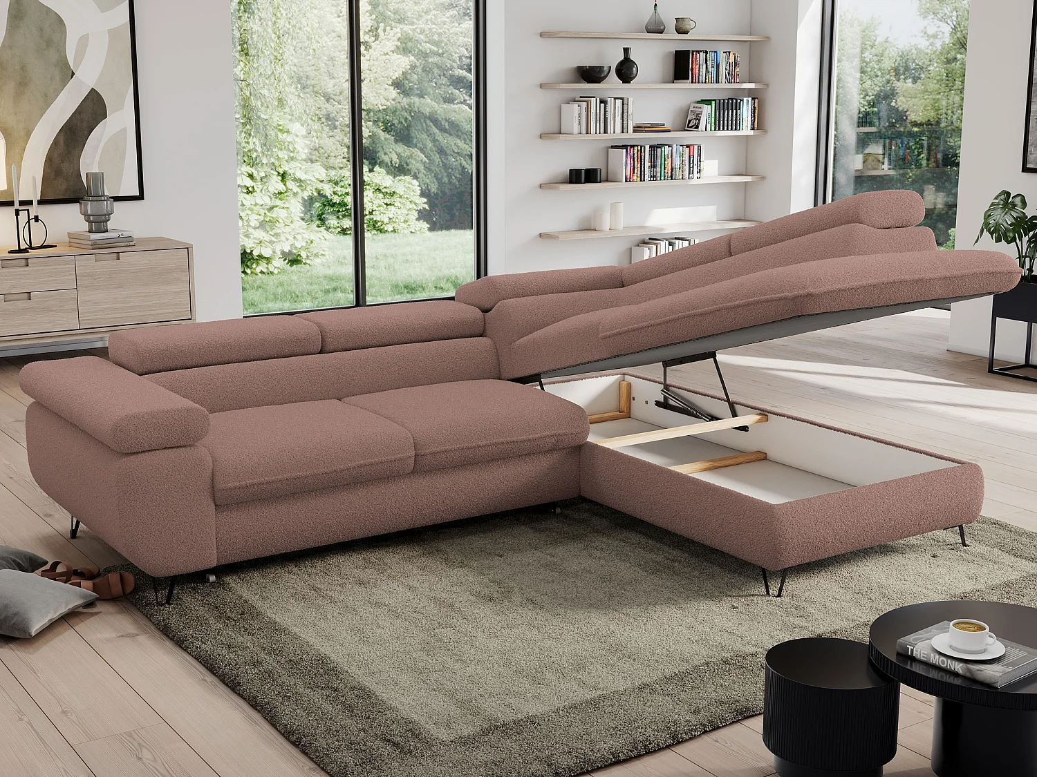 Ecksofa PEDRO - L-Form mit Schlaffunktion 200x125 cm, verstellbaren Kopfstützen - Rosa Boucle - Ecke Rechts
