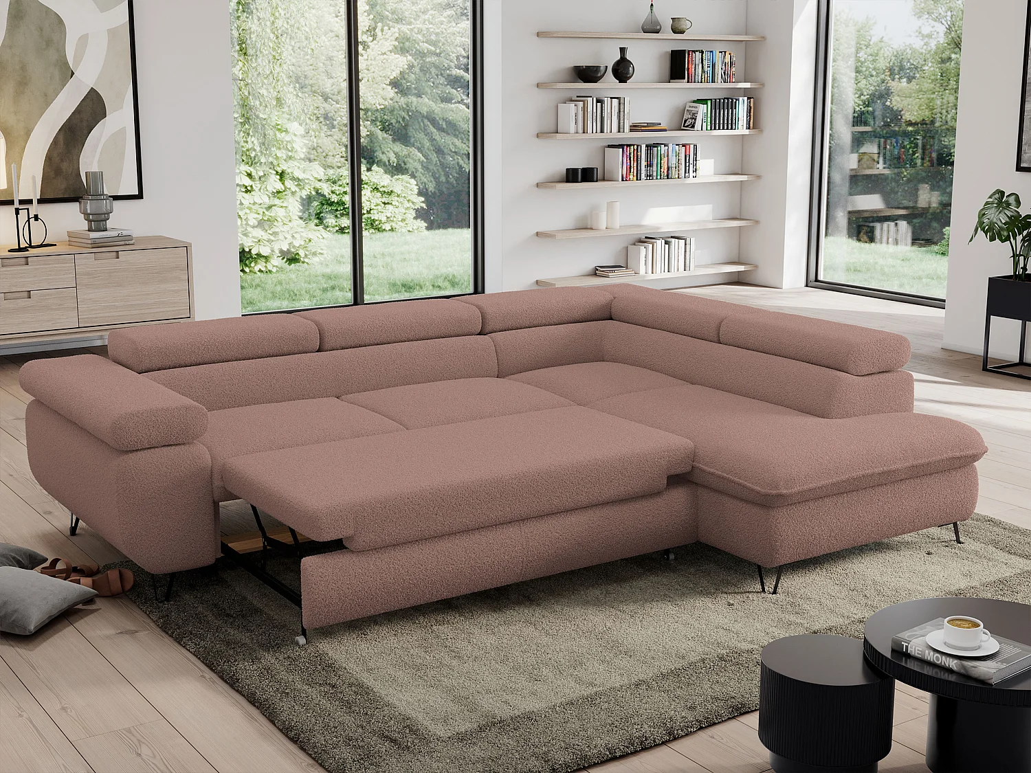 Ecksofa PEDRO - L-Form mit Schlaffunktion 200x125 cm, verstellbaren Kopfstützen - Rosa Boucle - Ecke Rechts