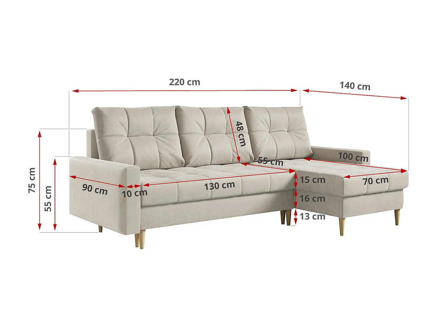 Ecksofa ASTRA - skandinavisch L-förmige Ecke, schlaffunktion - Cremige Velvet