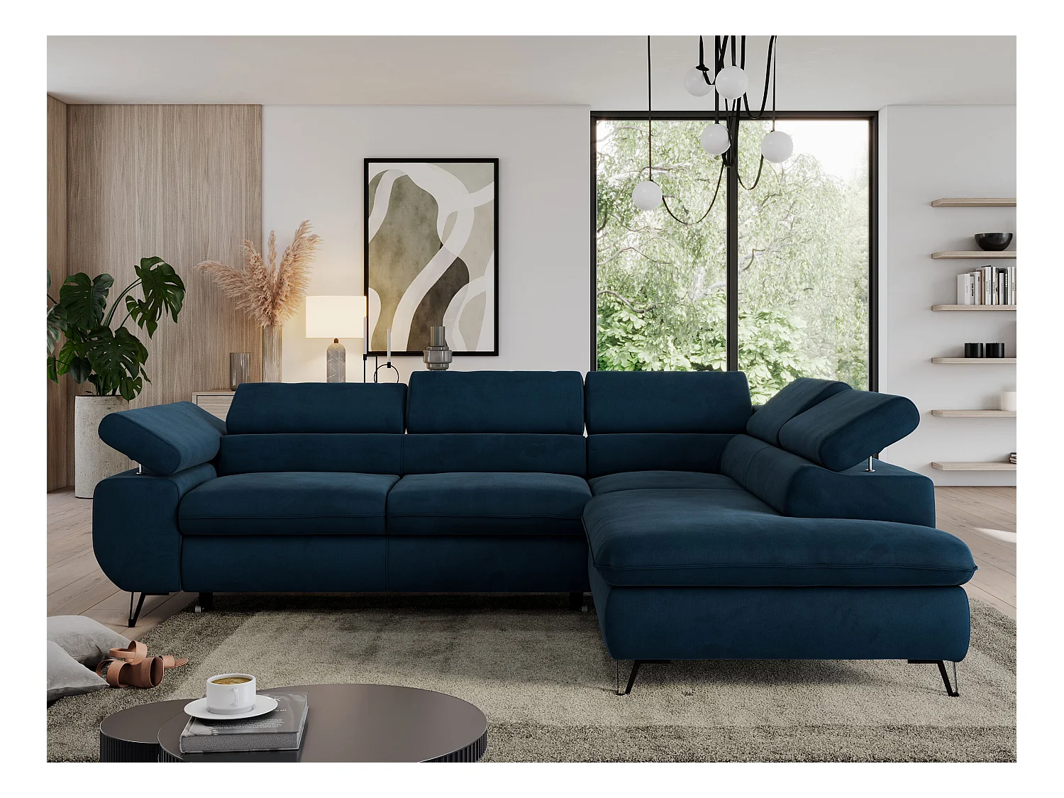 Ecksofa PEDRO - L-Form mit Schlaffunktion 200x125 cm, verstellbaren Kopfstützen - Dunkelblau Velvet - Ecke Rechts