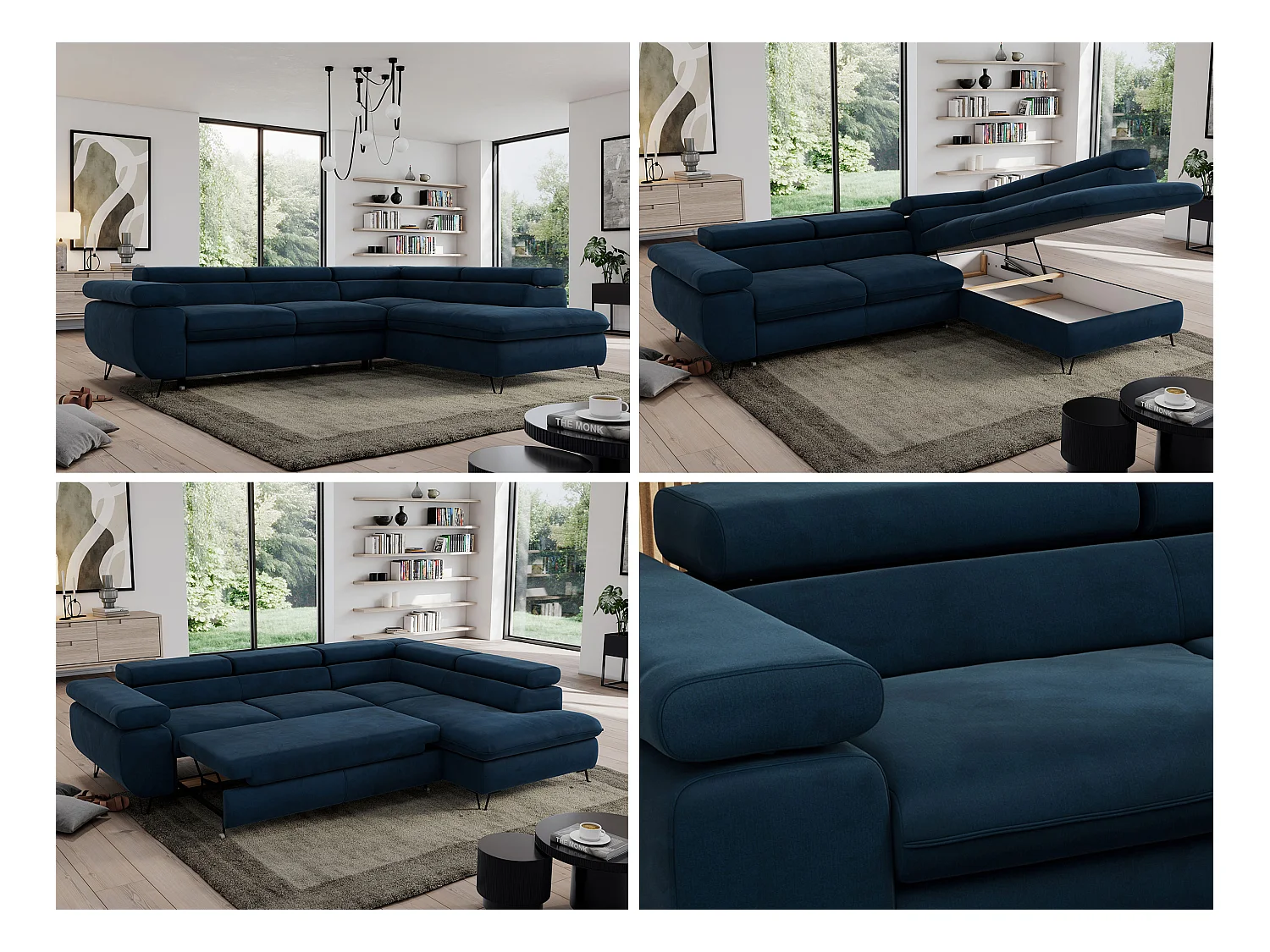 Ecksofa PEDRO - L-Form mit Schlaffunktion 200x125 cm, verstellbaren Kopfstützen - Dunkelblau Velvet - Ecke Rechts