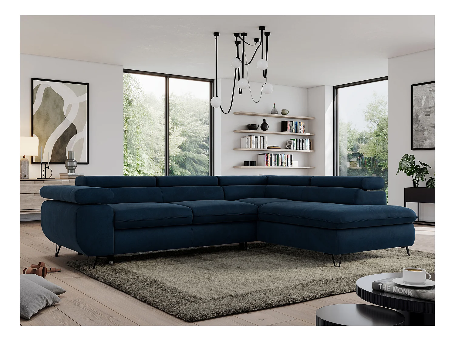 Ecksofa PEDRO - L-Form mit Schlaffunktion 200x125 cm, verstellbaren Kopfstützen - Dunkelblau Velvet - Ecke Rechts