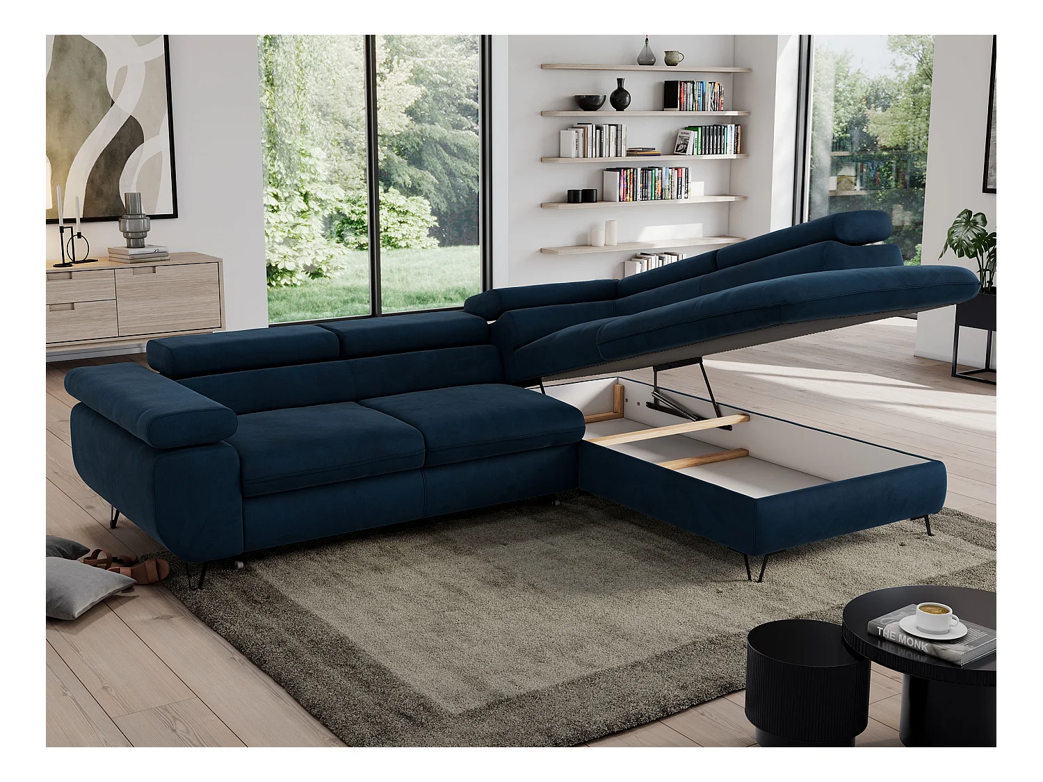 Ecksofa PEDRO - L-Form mit Schlaffunktion 200x125 cm, verstellbaren Kopfstützen - Dunkelblau Velvet - Ecke Rechts