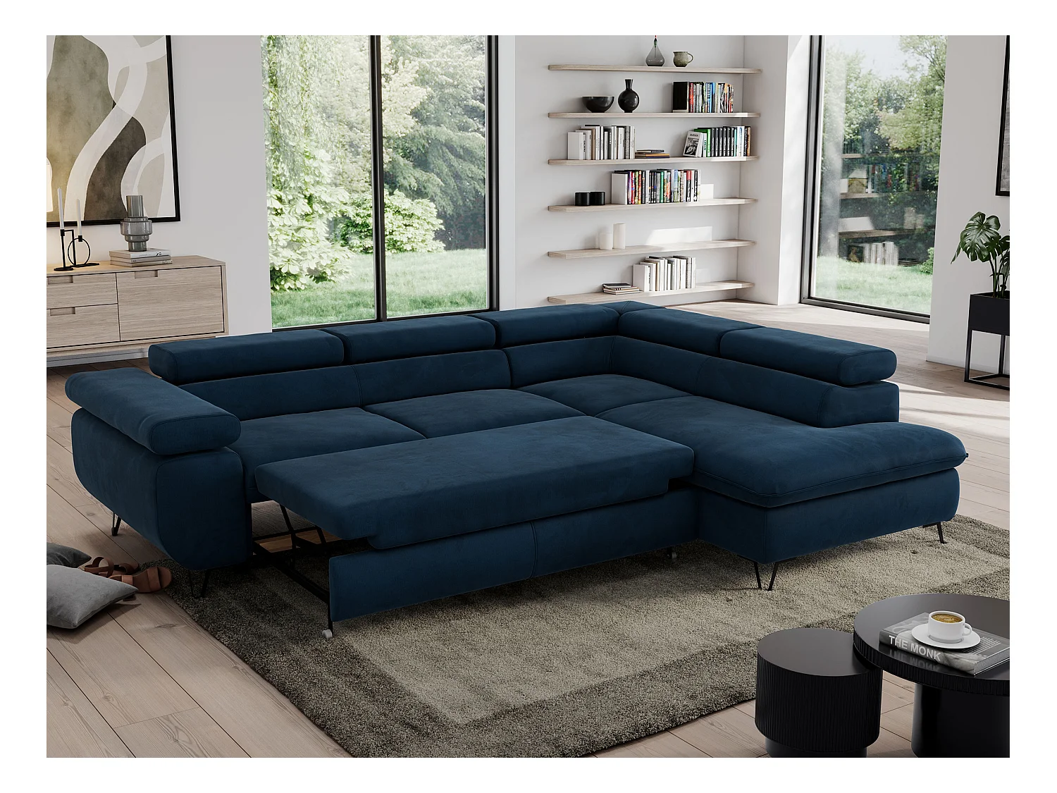 Ecksofa PEDRO - L-Form mit Schlaffunktion 200x125 cm, verstellbaren Kopfstützen - Dunkelblau Velvet - Ecke Rechts