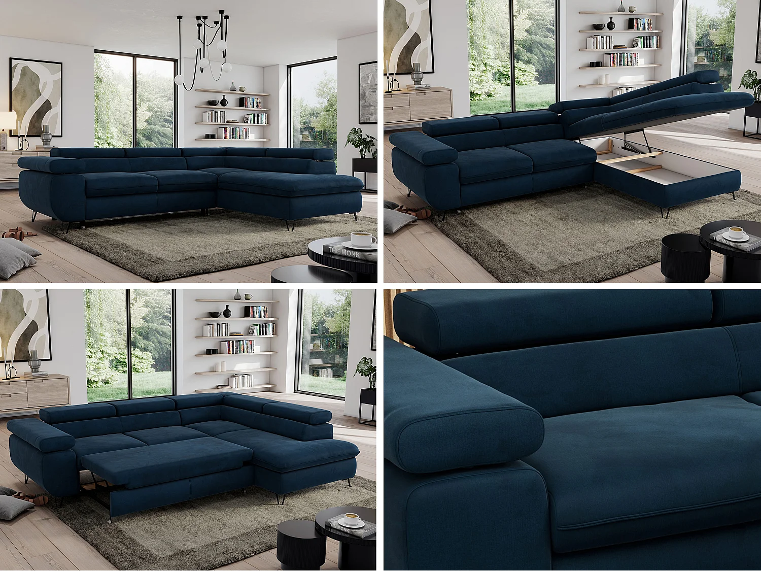 Ecksofa PEDRO - L-Form mit Schlaffunktion 200x125 cm, verstellbaren Kopfstützen - Dunkelblau Velvet - Ecke Rechts