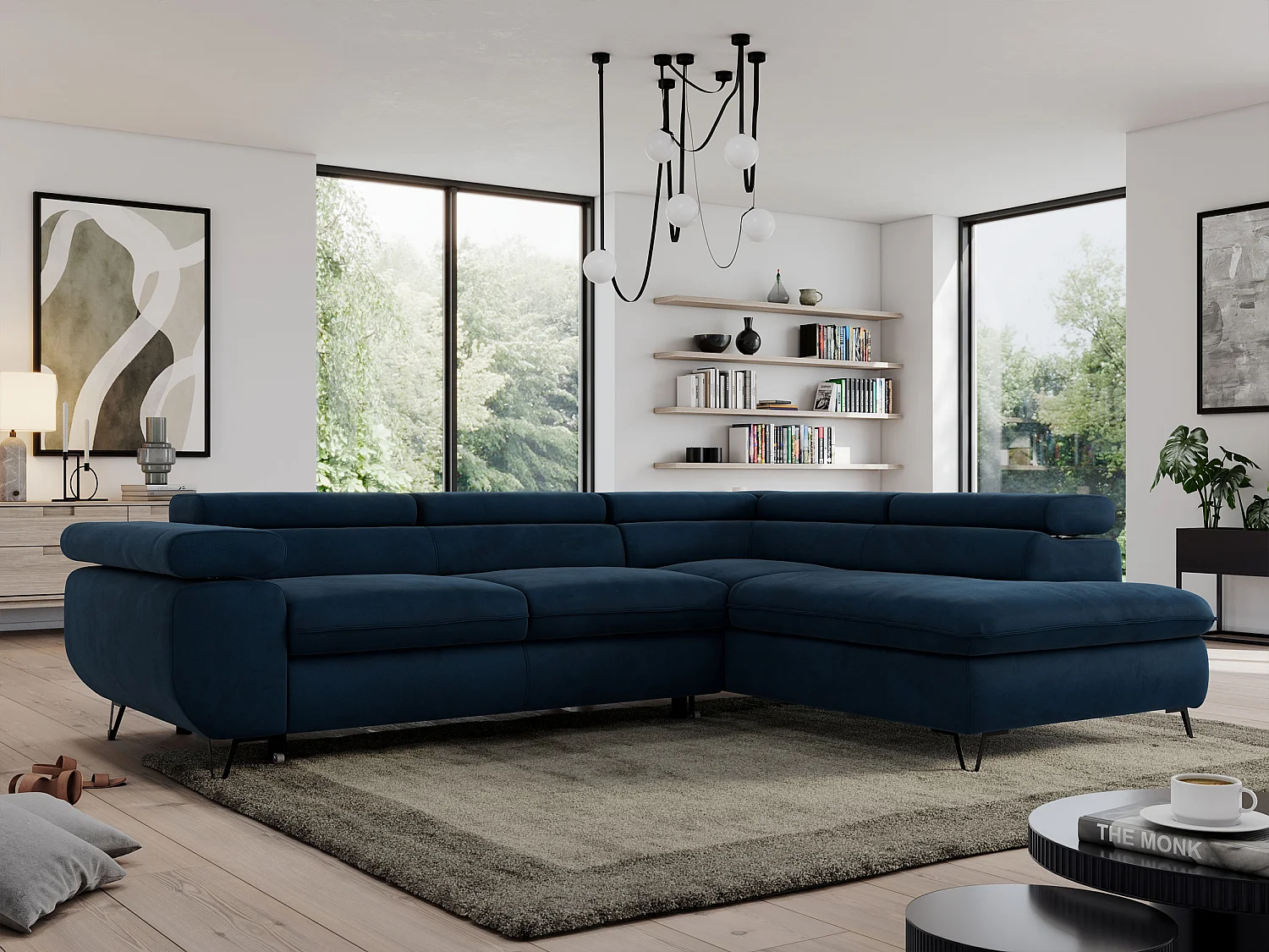 Ecksofa PEDRO - L-Form mit Schlaffunktion 200x125 cm, verstellbaren Kopfstützen - Dunkelblau Velvet - Ecke Rechts