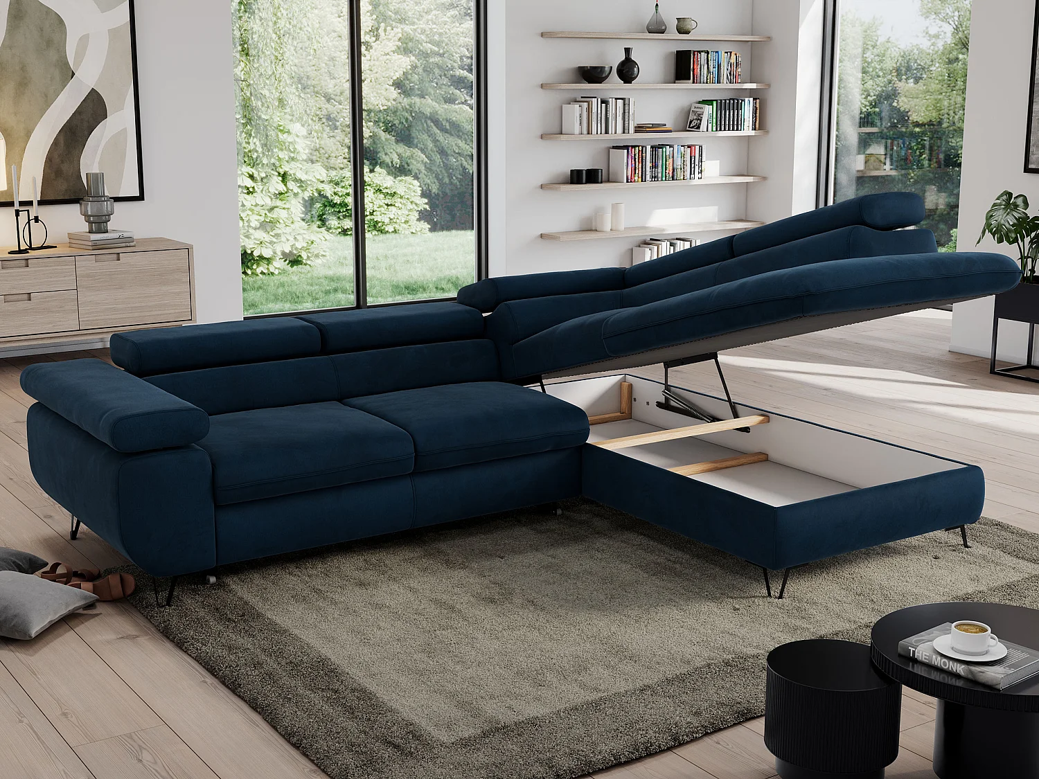 Ecksofa PEDRO - L-Form mit Schlaffunktion 200x125 cm, verstellbaren Kopfstützen - Dunkelblau Velvet - Ecke Rechts