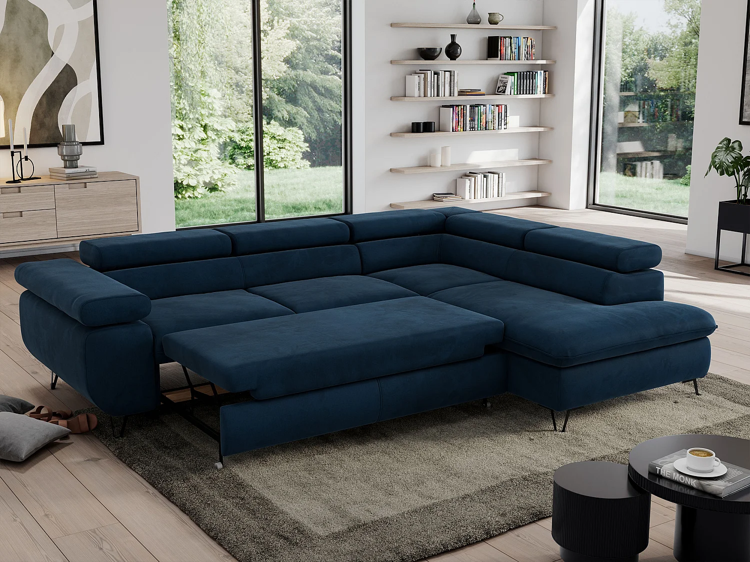 Ecksofa PEDRO - L-Form mit Schlaffunktion 200x125 cm, verstellbaren Kopfstützen - Dunkelblau Velvet - Ecke Rechts