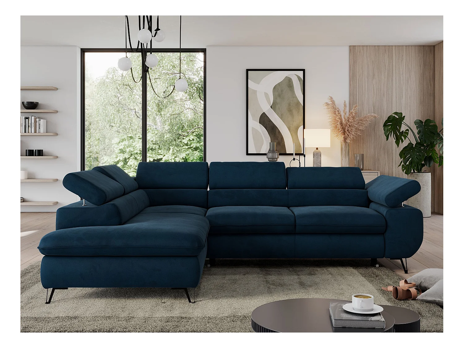Ecksofa PEDRO - L-Form mit Schlaffunktion 200x125 cm, verstellbaren Kopfstützen - Dunkelblau Velvet - Ecke Links