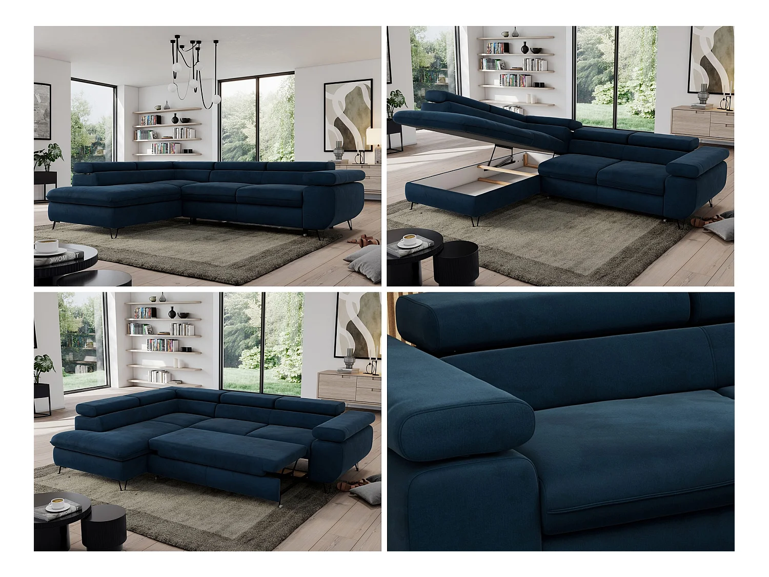 Ecksofa PEDRO - L-Form mit Schlaffunktion 200x125 cm, verstellbaren Kopfstützen - Dunkelblau Velvet - Ecke Links