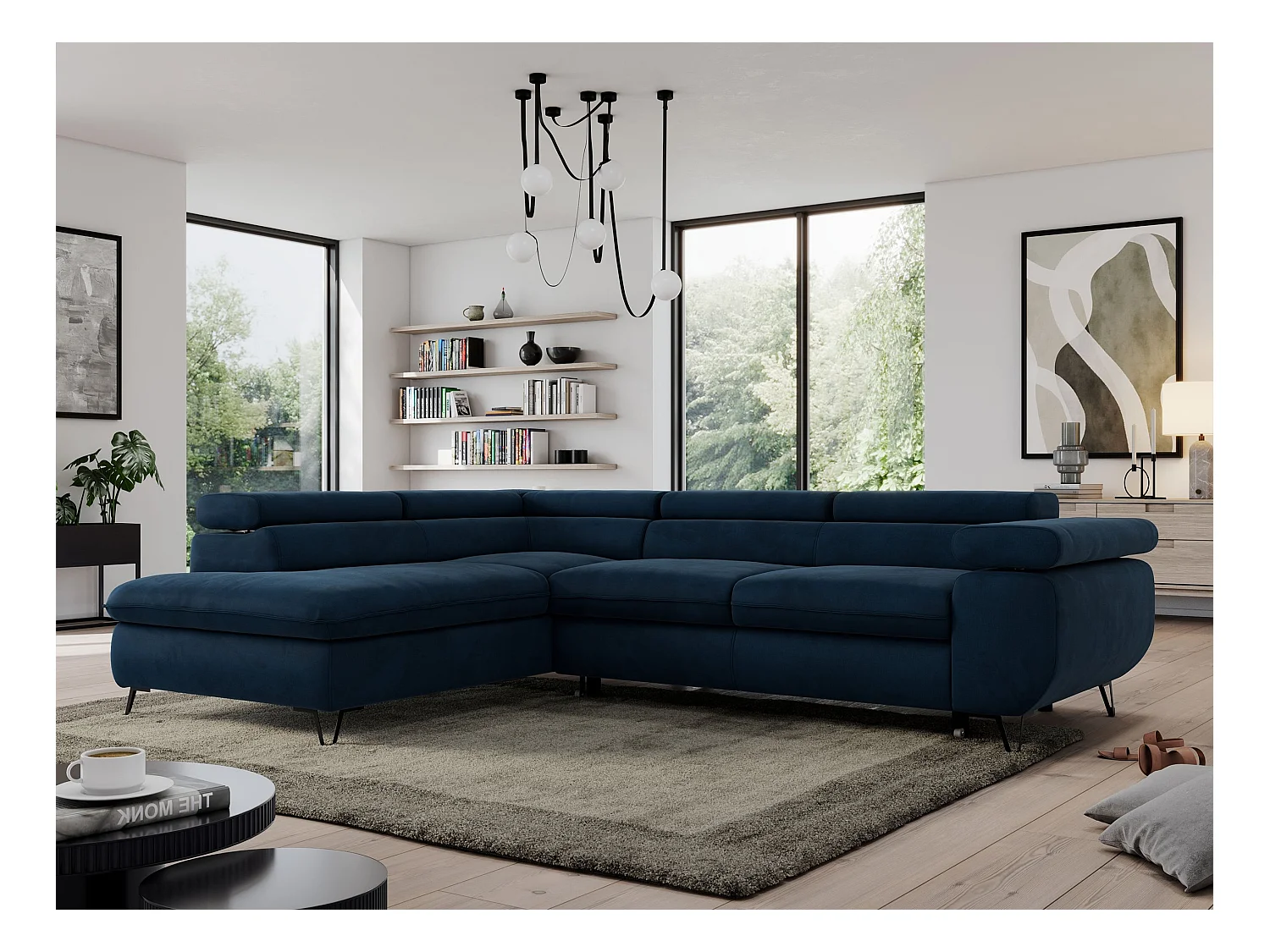 Ecksofa PEDRO - L-Form mit Schlaffunktion 200x125 cm, verstellbaren Kopfstützen - Dunkelblau Velvet - Ecke Links