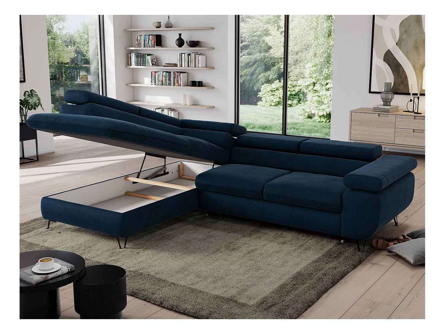 Ecksofa PEDRO - L-Form mit Schlaffunktion 200x125 cm, verstellbaren Kopfstützen - Dunkelblau Velvet - Ecke Links