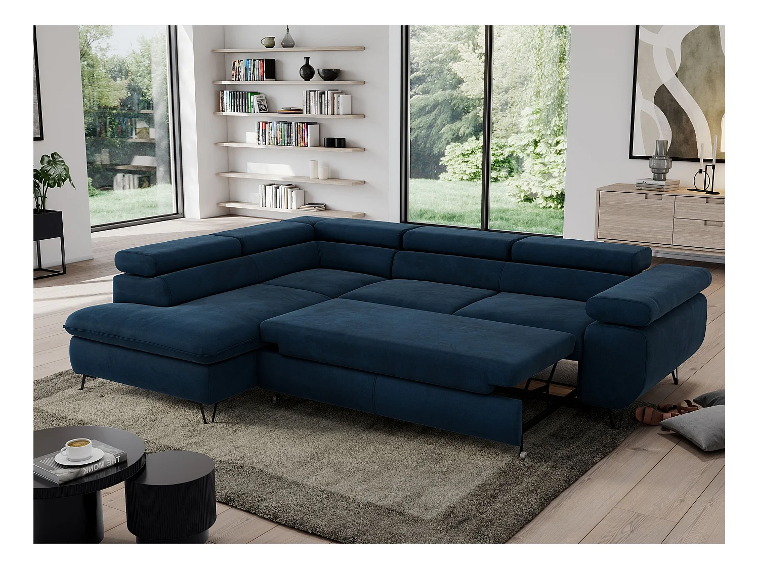 Ecksofa PEDRO - L-Form mit Schlaffunktion 200x125 cm, verstellbaren Kopfstützen - Dunkelblau Velvet - Ecke Links