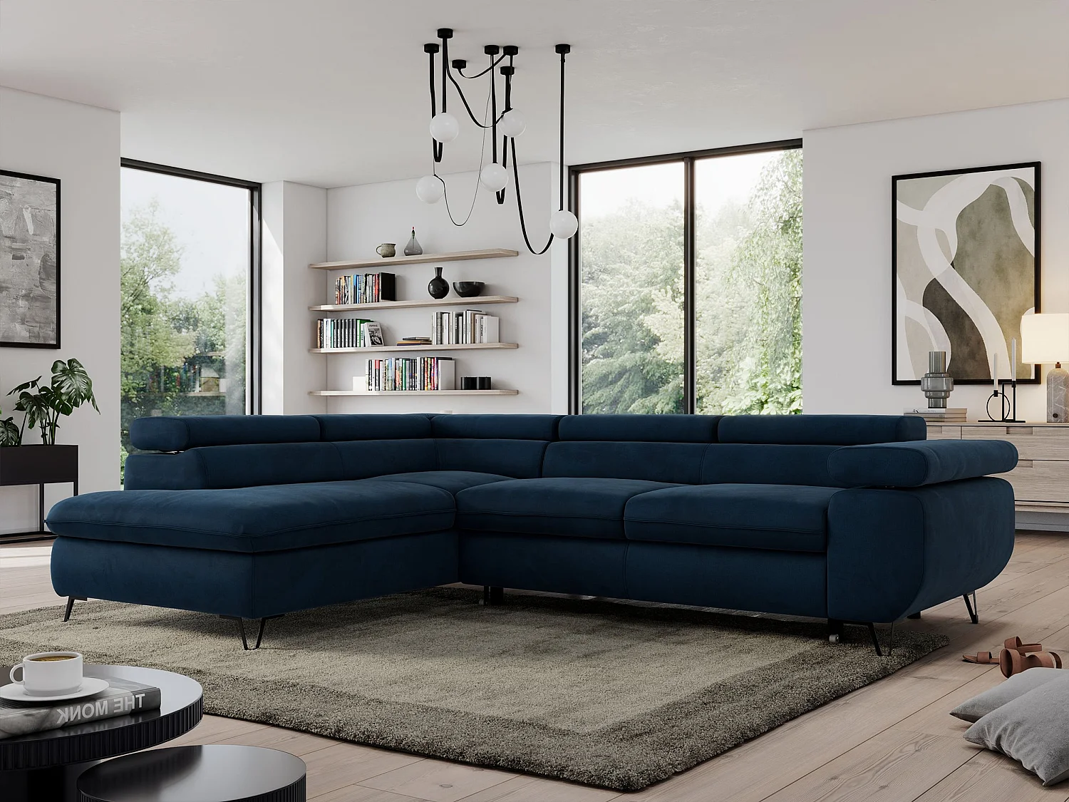 Ecksofa PEDRO - L-Form mit Schlaffunktion 200x125 cm, verstellbaren Kopfstützen - Dunkelblau Velvet - Ecke Links