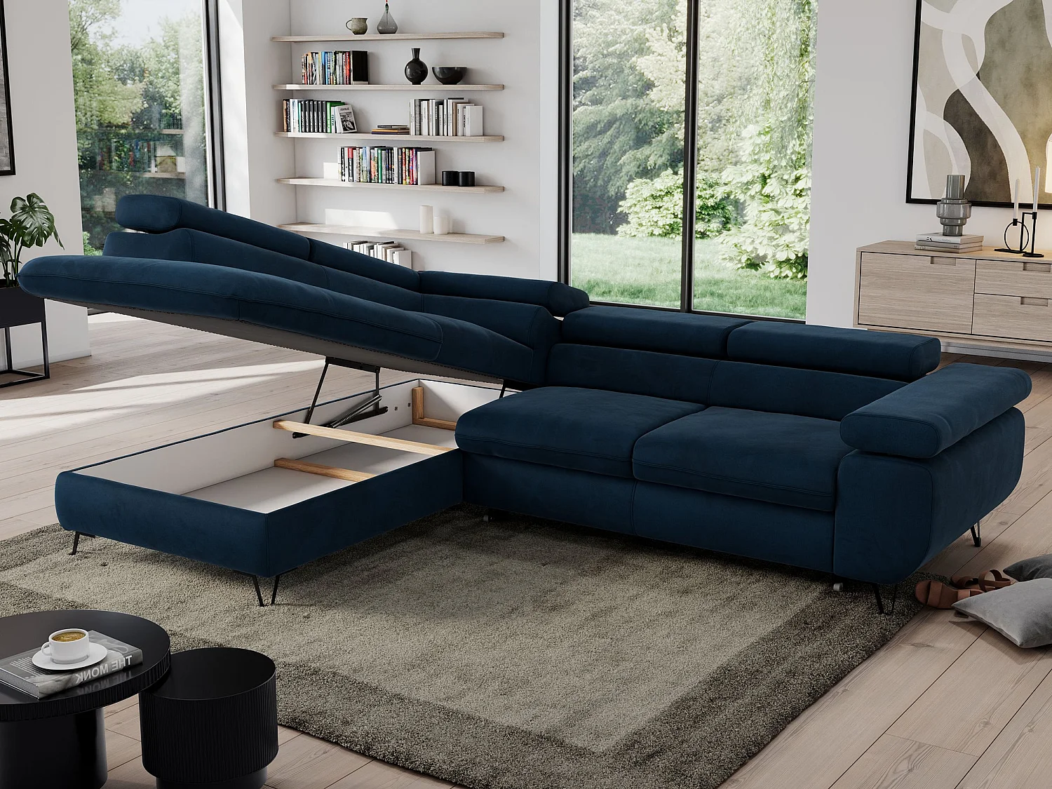 Ecksofa PEDRO - L-Form mit Schlaffunktion 200x125 cm, verstellbaren Kopfstützen - Dunkelblau Velvet - Ecke Links