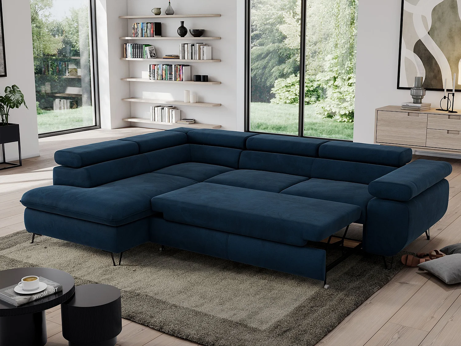Ecksofa PEDRO - L-Form mit Schlaffunktion 200x125 cm, verstellbaren Kopfstützen - Dunkelblau Velvet - Ecke Links