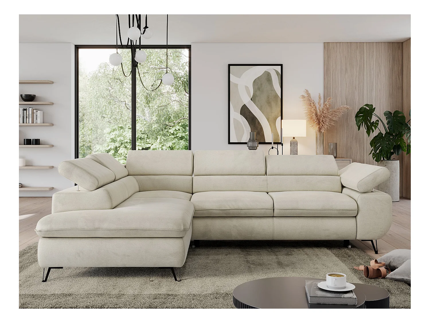 Ecksofa PEDRO - L-Form mit Schlaffunktion 200x125 cm, verstellbaren Kopfstützen - Beige Velvet - Ecke Links