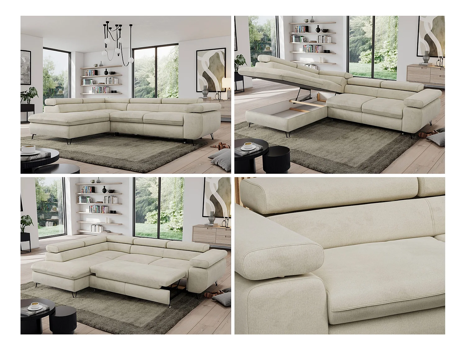 Ecksofa PEDRO - L-Form mit Schlaffunktion 200x125 cm, verstellbaren Kopfstützen - Beige Velvet - Ecke Links