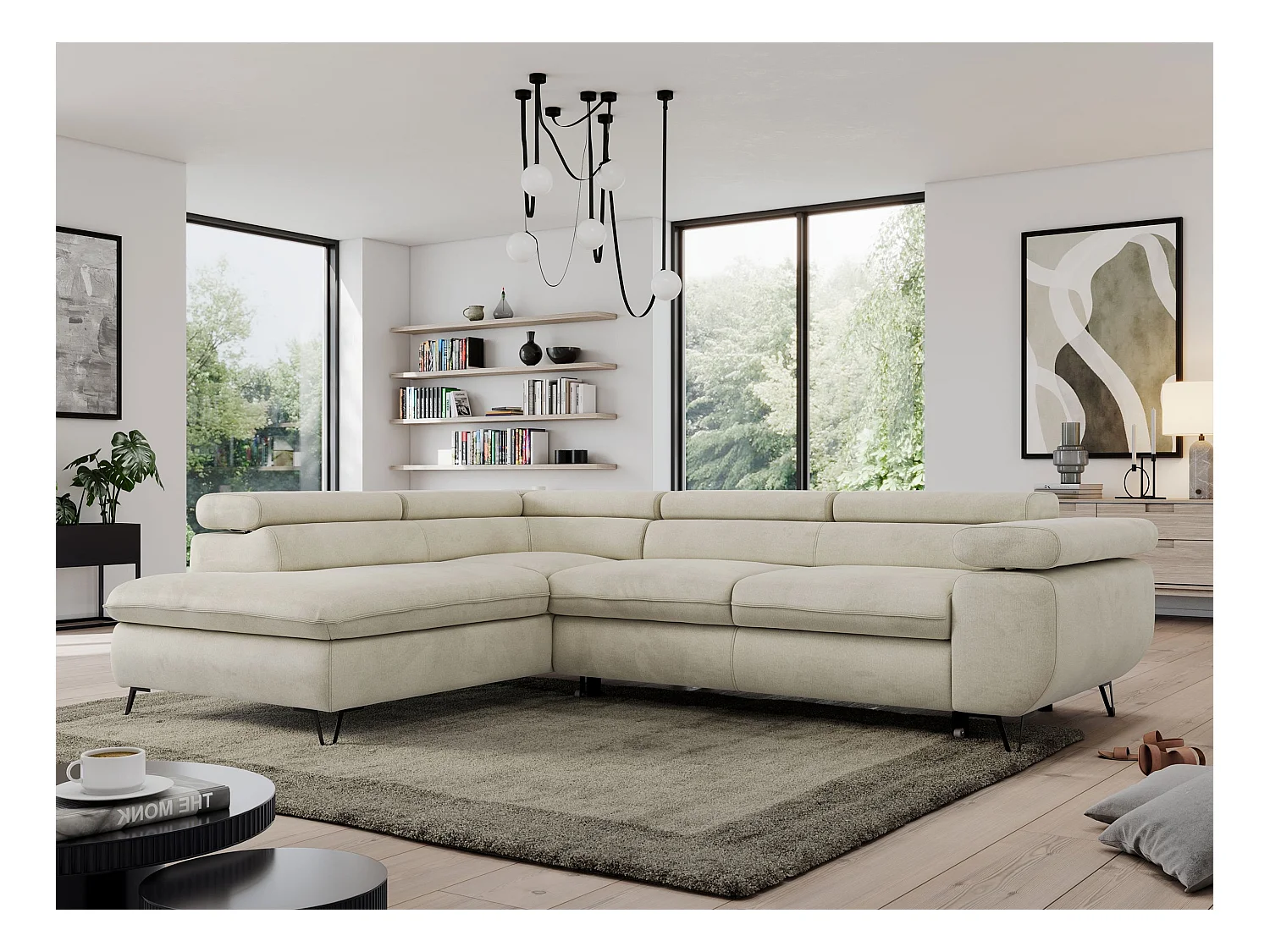 Ecksofa PEDRO - L-Form mit Schlaffunktion 200x125 cm, verstellbaren Kopfstützen - Beige Velvet - Ecke Links