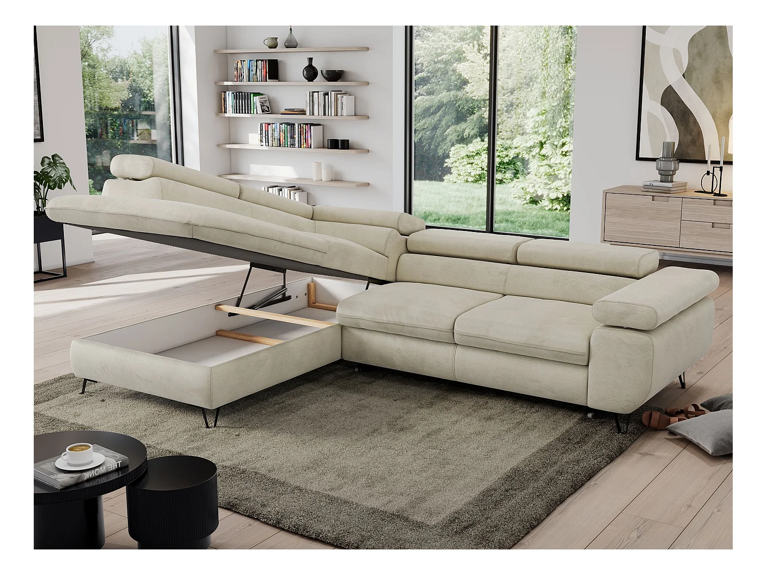 Ecksofa PEDRO - L-Form mit Schlaffunktion 200x125 cm, verstellbaren Kopfstützen - Beige Velvet - Ecke Links