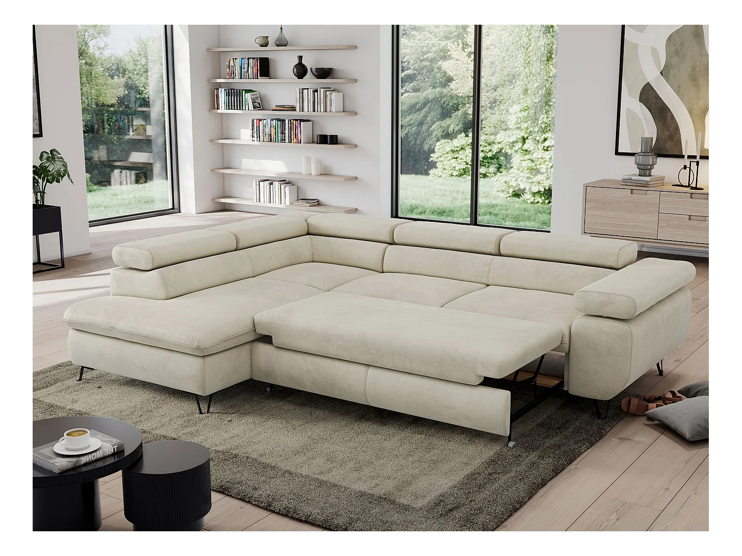 Ecksofa PEDRO - L-Form mit Schlaffunktion 200x125 cm, verstellbaren Kopfstützen - Beige Velvet - Ecke Links